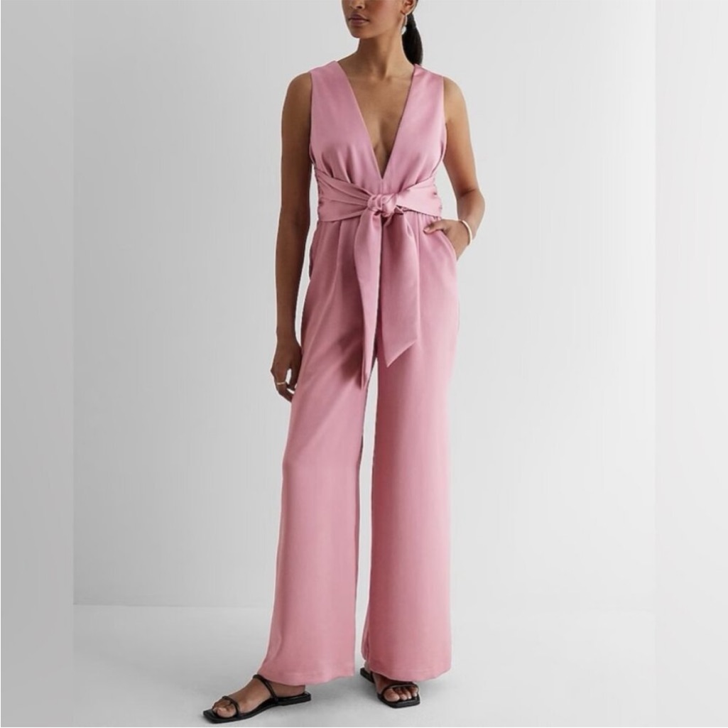 Express Satin V-Neck Tie Waist Wide Leg Palazzo Jumpsuit